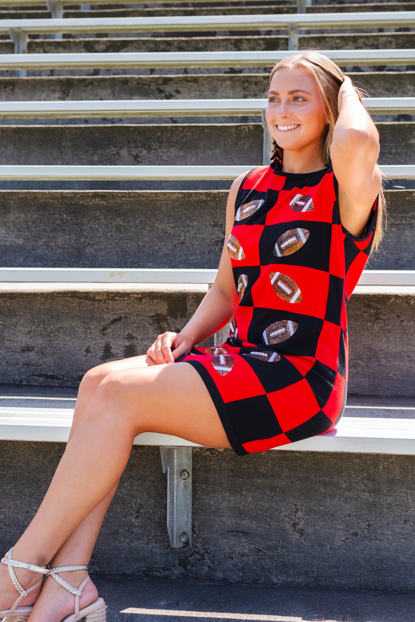 Queen of Sparkles Red & Black Football Checkered Dress