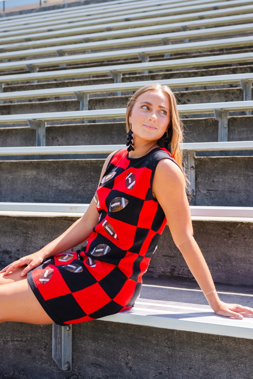 Queen of Sparkles Red & Black Football Checkered Dress