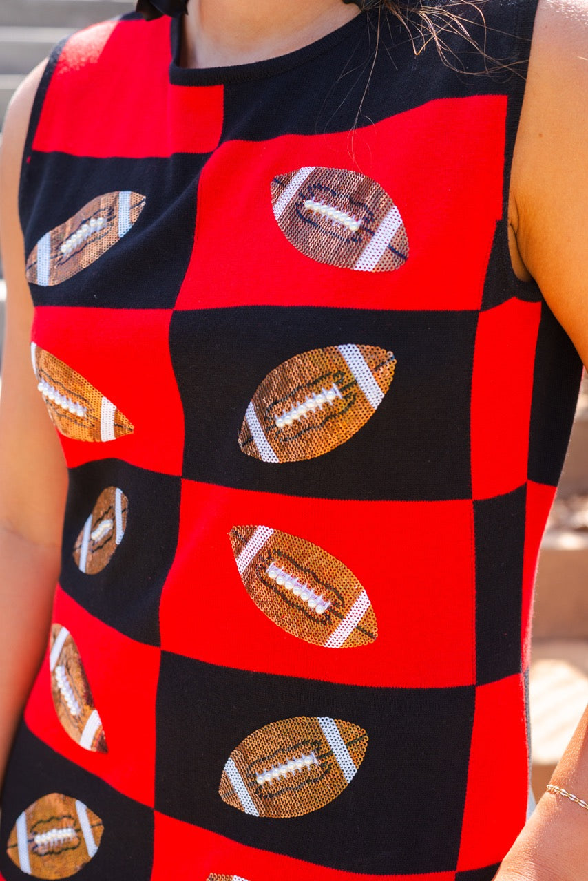 Queen of Sparkles Red & Black Football Checkered Dress