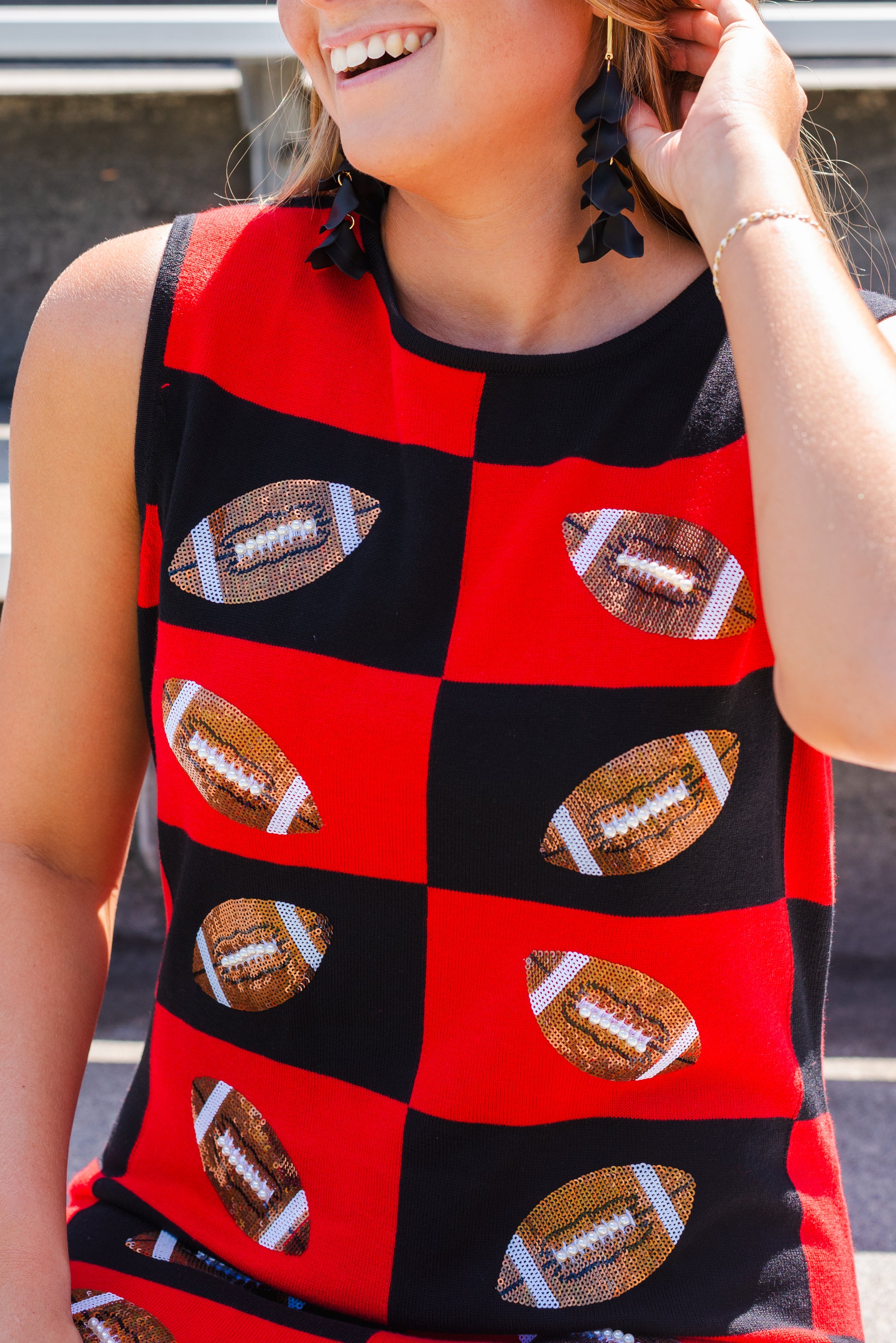 QUEEN OF SPARKLES FOOTBALL CHECKERED DRESS - Monkee's of Myrtle Beach