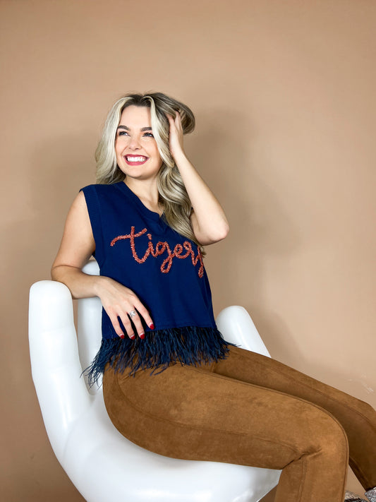 Queen of Sparkles Tigers Feather Fringe Sweater Vest
